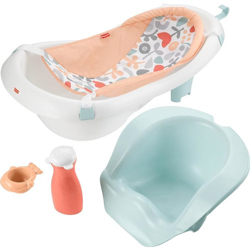 Fisher-Price Baby to Toddler Bath 4-in-1 Sling ‘n Seat Tub with Removable Infant Support and 2 Toys, Summer Blossoms