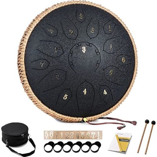 Steel Tongue Drum - 15 Note 12 Inch Tongue Drums - Percussion Instruments - Hand Pan Drum with Music Book, Drum Mallets and Carry Bag, D Major, Black