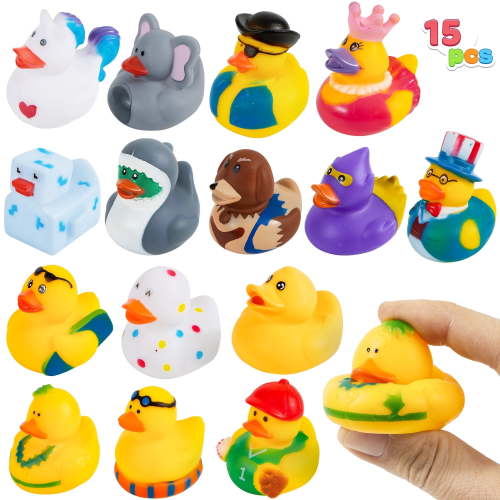 Joyfy 15 Pcs Rubber Ducks, Random Assortment Mini Rubber Duckie Toys with Mesh Carry Bag for Kids Baby Bath Shower Toys, Birthday Gifts, Summer Beach Pool Activity, Party Favors