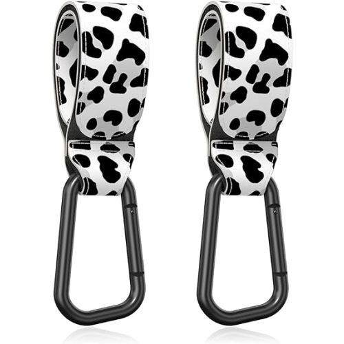 Baby Stroller Hooks for Hanging Bags, Universal Stroller Clips Accessories, Mommy Hook for Diaper Bag, Shopping Cart, Purse, Backpack - 2 Pack, Cow Spots