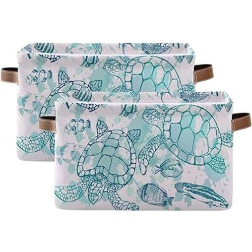Storage Basket Cube Tropical Ocean Sea Turtle Fish Large Collapsible Toys Storage Box Bin Laundry Organizer for Closet Shelf Nursery Kids Bedroom,15x11x9.5 in,2 Pack