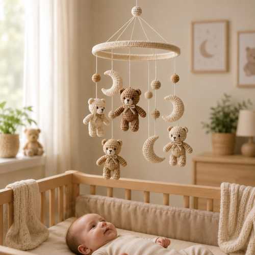 Crocheted Teddy Bear Moon Mobile, Heirloom Nursery Art, Vintage Cotton Yarn Keepsake
