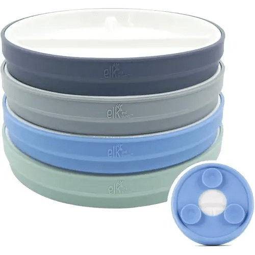 Elk and Friends Kids 6.7” Porcelain Divided Plates with Silicone Suction Sleeves | Suitable for Babies/Kids/Toddlers | Microwave & Dishwasher Safe | Non Slip | Snack Dishes