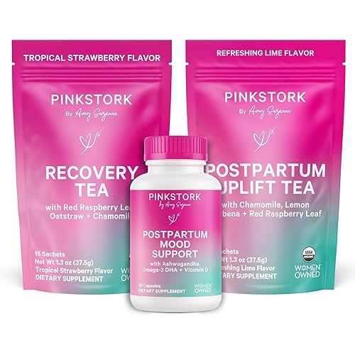 Pink Stork Postpartum Essentials Kit – Hormone Balance, Recovery & Mood Support for New Moms – Postnatal Vitamins Ashwagandha + Herbal Teas for Stress Relief, Energy, Sleep – Gift Set – Vegan, Organic