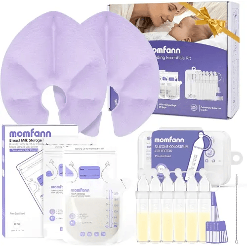 Breastfeeding Essentials Kit for New Moms,Gift Set with Reusable Hot&Cold Breast Therapy Packs/Breastmilk Storage Bags/Silicone Colostrum Collectors for Baby Essentials 58Pcs (Purple)