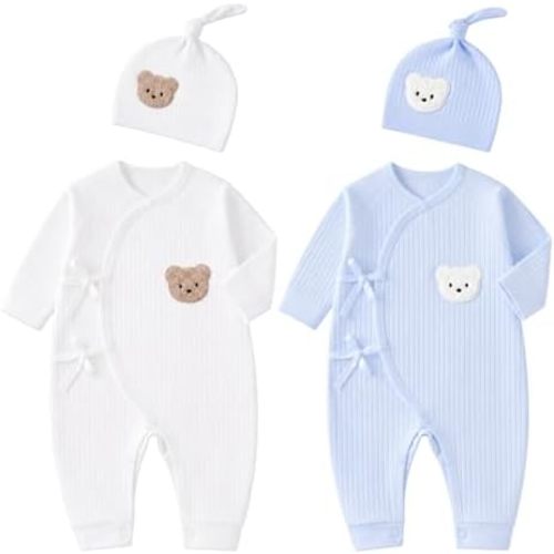 2-Pack 100% Cotton Newborn Baby Clothes Set - Side Kimono Romper with Hat, Essential Coming Home Outfit for Boy Girl