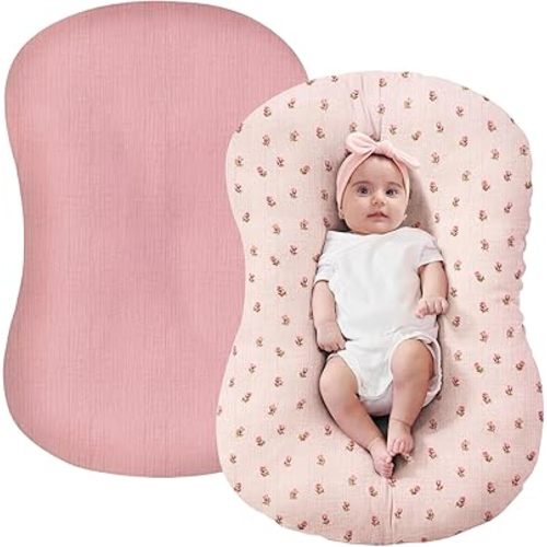FUNUPUP Muslin Baby Lounger Cover Compatible with Snuggle Me Lounger, Infant Lounger Pillow Cover for Newborn, Removable Newborn Lounger Cover for Boys and Girls, Only Cover, Pink&Pink Flower