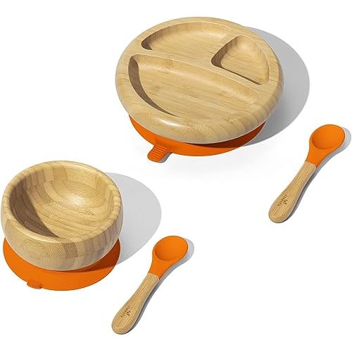 Avanchy Bamboo Baby Plate, Bowl & Spoons Set, Orange