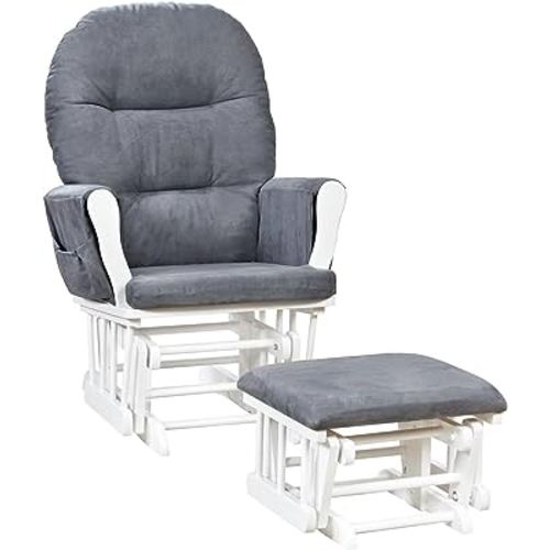 Nursery Glider & Ottoman Sets, Reclining Swivel Glider Rocker with Ottoman, Nursery Rocking Breastfeeding Maternity Chair for Baby Room, Recliner Glider with Ottoman, Padded Arms - White, Dark Gray