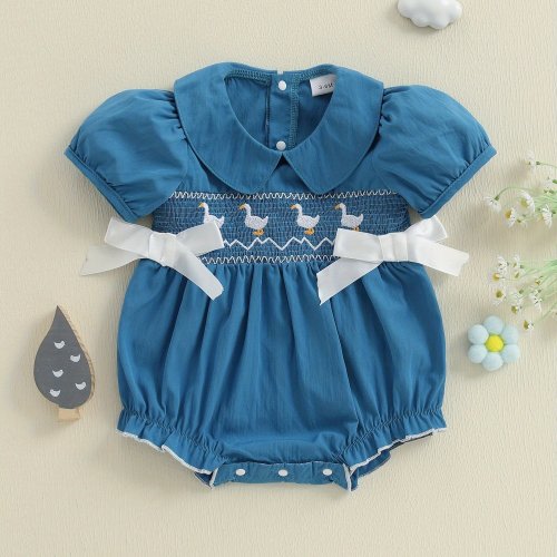 Adorable Duck Youngsters Girl Romper with Bow Detail - Light Blue Short Sleeve Summer Jumpsuit, Loose Fit, Machine Washable, Perfect for Spring/Summer, Perfect for Outdoor