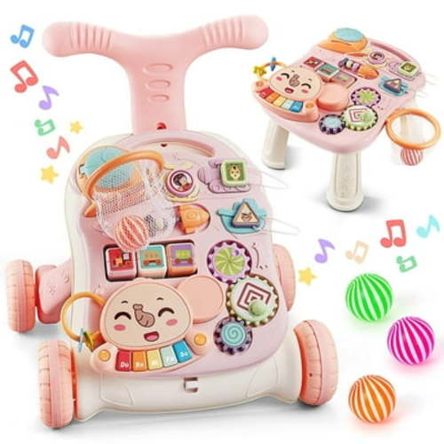 Baby Walkers For Girls, Baby Push Walkers For Babies, 3 In 1 Push Toys, Baby Walker Table & Activity Center, Early Learning Toy For Infant 6-18 Months, Pink Baby Walker Toy For Babies Learn To Walk