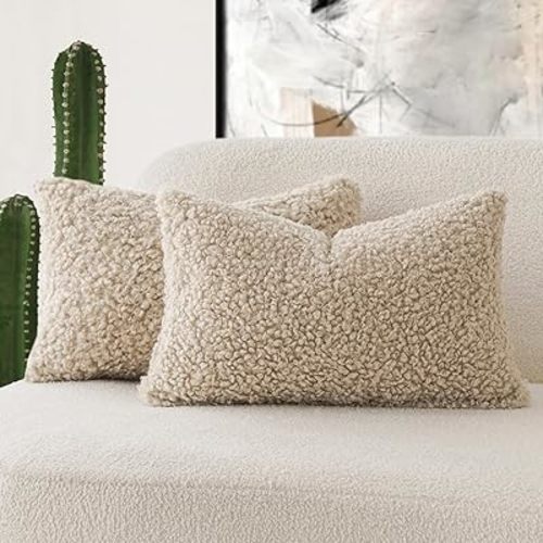 Foindtower Set of 2 Curly Teddy Wool Pillow Covers Decorative Boucle Textured Lumbar Throw Pillow Faux Fur Pillowcases Sheepskin Cushion Case for Sofa Bedroom Car 12"x20" Light Khaki