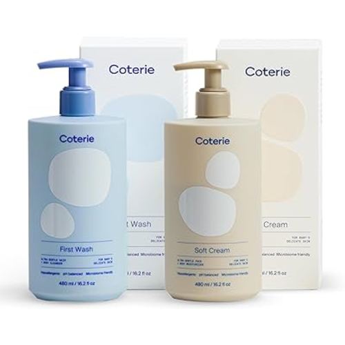 Coterie Baby Bath Skincare Essentials Set | 16.2 oz Shampoo + Body Wash, 16.2 oz Face + Body Lotion | Fragrance Free, Hypoallergenic, pH Balanced, Safe for Newborns & Sensitive Skin