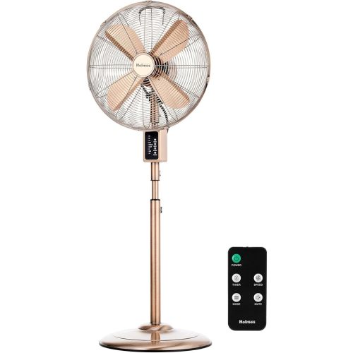 HOLMES 16" Copper Digital Metal Stand Fan, 75° Oscillation, 3 Speeds, 4 Blades, 3 Modes, 7.5-Hour Timer, Adjustable Height, 20° Head Tilt, Ideal for Home, Bedroom or Office, Remote Control
