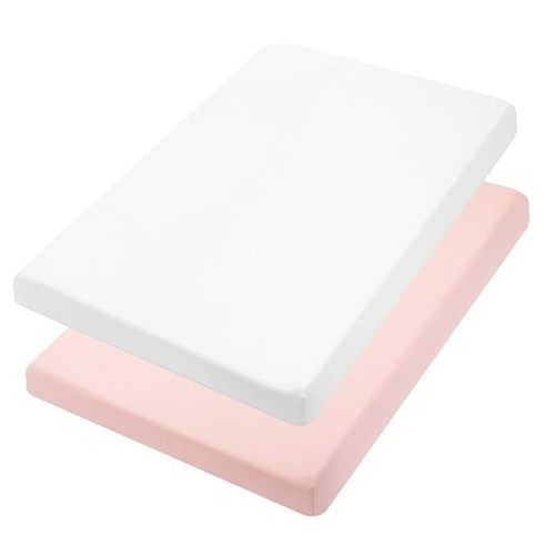 TILLYOU Mini Crib Fitted Sheets - Soft Knit Sheet for Pack N Play, Microfiber Mini Crib Sheets, Playpen Bedding Sheet for Baby 2 Pack, Machine Washable, White & Peachy Pink