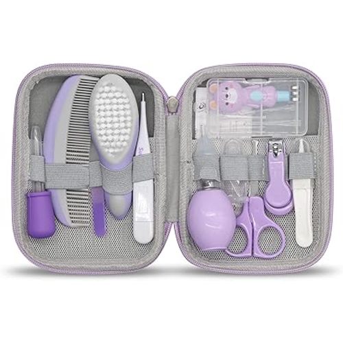 Baby Grooming Kit, 15 in 1 Portable Baby Safety Care Kit with Baby Brush and Comb Set Nail Clippers Nasal Aspirator etc for Nursery Newborn Infant Girl Boys Keep Clean Baby Essentials (Purple)