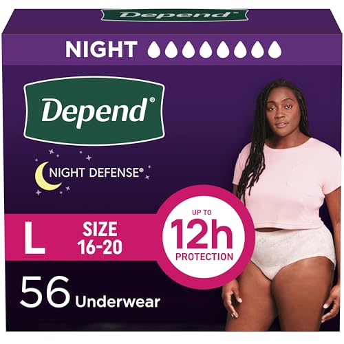 Depend Night Defense Adult Incontinence & Postpartum Bladder Leak Underwear for Women, Disposable, Overnight, Large, Blush, 56 Count (4 Packs of 14), Packaging May Vary