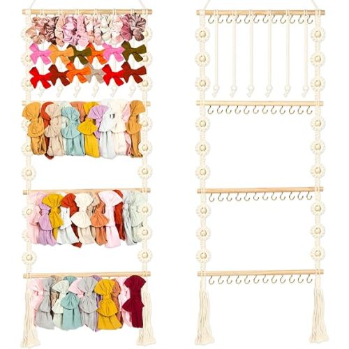 Headband Holder - Bow Holder for Baby Girl – Macrame Bow Organizer for Baby Girl w/ 48 Metal Hooks, 6 Slings & Wooden Bead – Space Saving Baby Bow Organizer – Ideal Baby Bow Holder for Expecting Moms