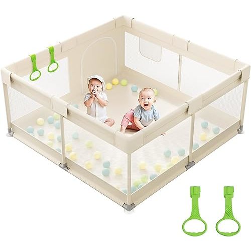 Mloong Baby Playpen for Toddler Beige - 47x47 Play pen for Babies and Toddlers,Beige Baby Play Yard,Fence Play Area Activity Center,Corral Para Bebé