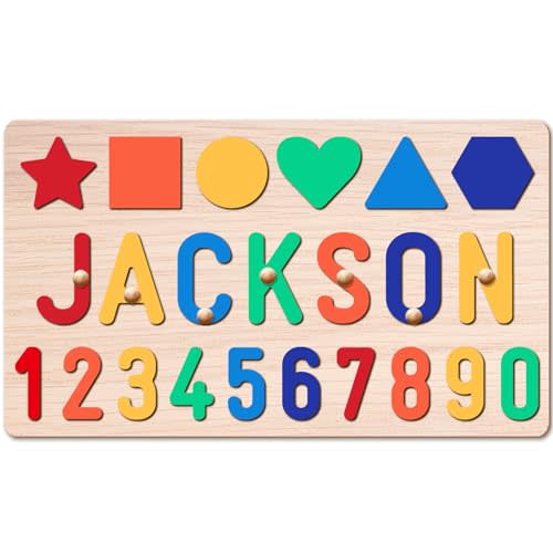AZUFEMOS Personalized Name Puzzle for Kids, Personalized Baby Gifts Name Puzzles for Toddlers 1-3, 1st Birthday for Girls & Boys Wooden Alphabet & Shape Puzzle Montessor Toys for Kids