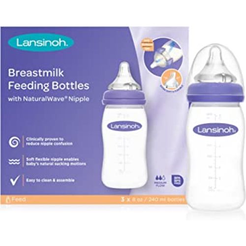 Lansinoh Baby Bottles for Breastfeeding Babies, 8 Ounces, 3 Count, Includes 3 Medium Flow Nipples (Size 3M)