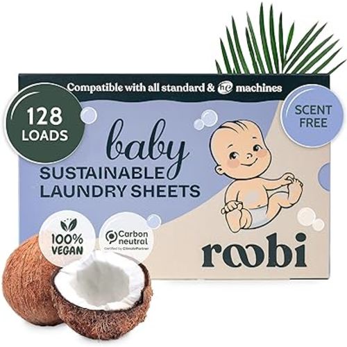 Roobi Baby Laundry Detergent Sheets. Specially Formulated for Sensitive Skin. Newborns, Infants & Toddlers Clothes. Unscented. Up to 128 Loads