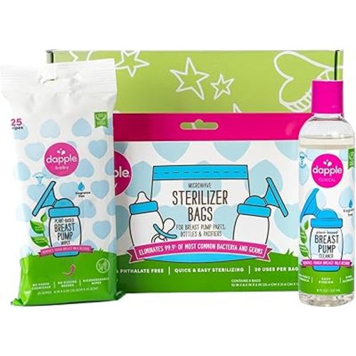 Dapple Breast Pump Cleaning Essentials Gift Set, Hypoallergenic & Powered by Plants, Removes Milk Residue, Leaves No Taste, 25ct Wipes, 8oz Soap 8ct Sterilizer Bags