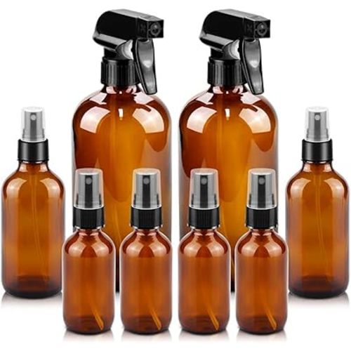Glass Spray Bottles, 16oz*2+4oz*2+2oz*4 Refillable Containers, Empty Boston Round Bottles with Adjustable Nozzle for Cleaning, Gardening, Aromatherapy, Pets, Plant, Hair -Amber