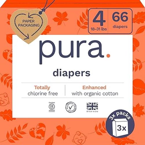 Pura Size 4 Eco-Friendly Diapers (18-31 lbs) Hypoallergenic, Soft Organic Cotton, Sustainable, up to 12 Hours Leak Protection, Allergy UK, Recyclable Packaging, 6 Packs of 22 (132 Diapers)