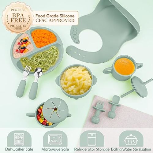 Silicone Baby Feeding Set, Baby Led Weaning Supplies, Eating Essentials Utensils with Suction Plate and Bowl, Pocket Bib, Sippy Cup with Lid, Forks Spoons Snack Container, for 6+ Months, Green