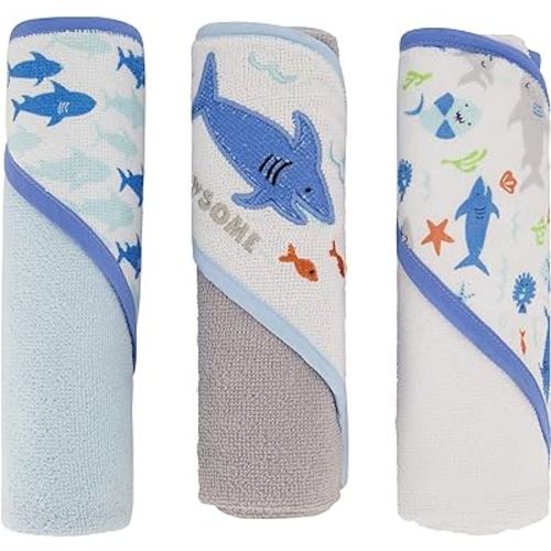Cudlie Buttons & Stitches Baby Boy 3 Pack Rolled/Carded Hooded Towels in Jawsome Print (GS71723)