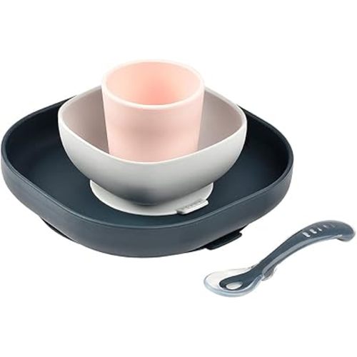 BEABA Silicone 4-Piece Meal Set - Easy to Clean - Dishwasher and Microwave Safe - Soft, Unbreakable, Non-Slip Suction Bottom - Includes Plate, Bowl, Cup and 2nd Stage Silicone Spoon (Midnight)