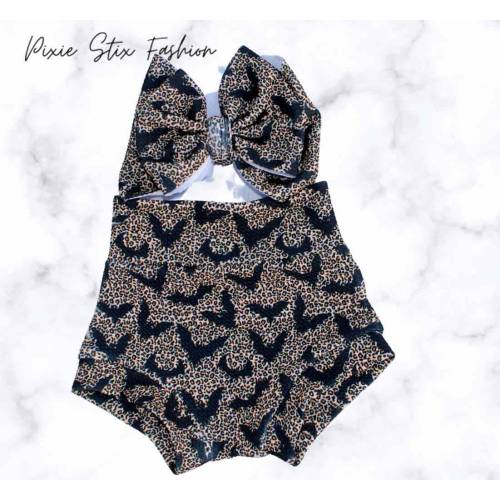 High Waisted Leopard Bat Bummies and Bow Set/Halloween Baby Girl Outfit/Baby Shorts/Baby Bloomers/Halloween Cheetah Bats/Bat Shorts