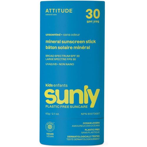 ATTITUDE Mineral Sunscreen Stick for Kids, SPF 30, EWG Verified, Plastic-Free, Broad Spectrum UVA/UVB Protection with Zinc Oxide, Dermatologically Tested, Vegan, Unscented, 2.1 Ounces