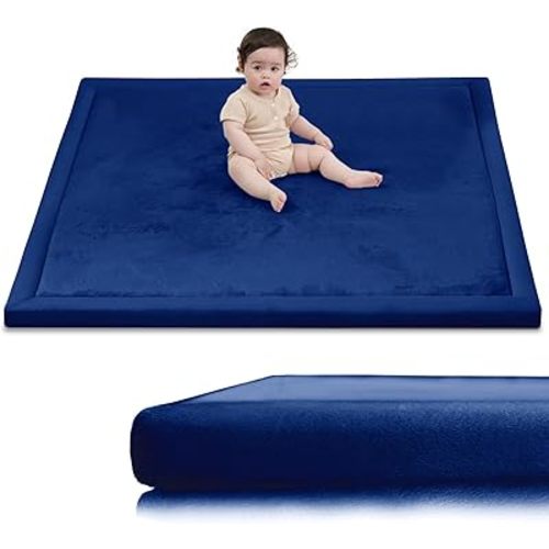 Huloo Sleep Ultra Soft Baby Play Mat for Floor,1.3" Thick Elasti-Foam 47x47 Play Mat for Playpen,Water-Repellent Coral Velvet for Tummy Time, Non-Slip Backing Safe for Toddlers & Infants(Dark Blue)