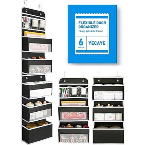 Yecaye 6-Tier Over The Door Storage Organizer, Flexible 1 Split into 2 Swing-Proof Hanging Bathroom Organizer, Bedroom Organizers and Storage for Newborn Baby Essentials, Black
