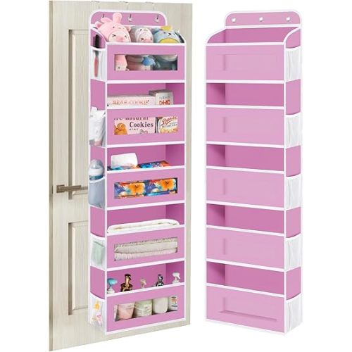 Over The Door Organizer Storage, 5 Shelves Door Organizer Hanging with 10 Mesh Pockets, Behind Door Storage - Ideal for Newborn, Nursery, and Baby Essentials Daily Use（Pink）