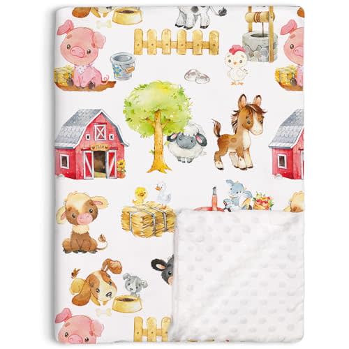 Farm Animals Barn Baby Blanket for Boys Girls, Farm Themed Toddler Soft Minky Blanket with Double Layer Dotted Backing, Newborn Nursery Receiving Baby Crib Horse Cow Pig Chicken Dog, 30"x40"