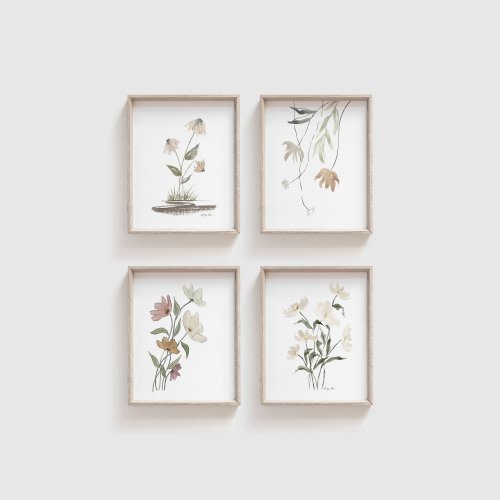 Neutral Flowers Watercolor Set of 4 Floral Art Prints - Minimalist Flower Artwork - Gallery Wall - Wildflower Paintings - Nursery Art