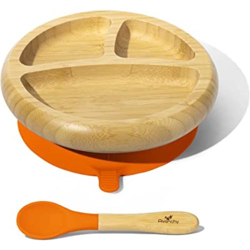 Avanchy Baby Plates Divided Bamboo with Suction for Babies Kids Toddler Food with Silicone Spoon for Feeding (Orange)