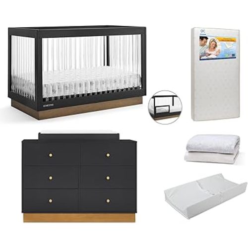 Delta Children James 7-Piece Baby Nursery Furniture SetIncludes: Convertible Crib, 6 Drawer Dresser, Changing Top, Crib Mattress, Sheets, Toddler Guardrail & Changing Pad, Midnight Grey/Acorn