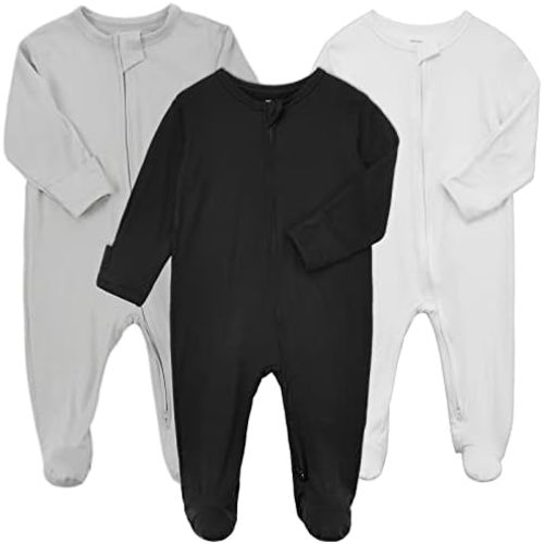 Aablexema Baby Zipper Pajamas Bamboo Rayon, 3pcs Unisex Infant Onesie with Mitten Long Sleeve Footed Pjs