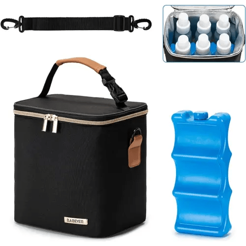 Breastmilk Cooler Bag with Ice Pack Fits 6 Baby Bottles Up to 9 Ounce, Baby Bottle Bag with Shoulder Strap for Nursing Mom Daycare, Black