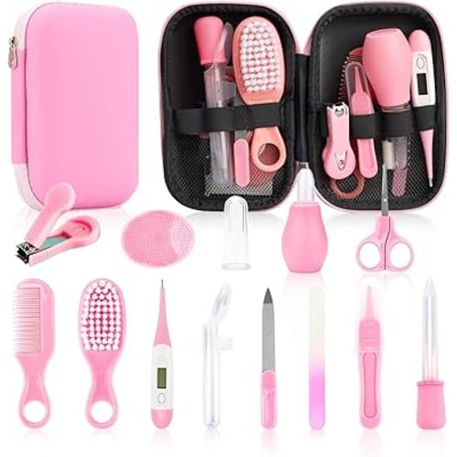Baby Healthcare and Grooming Kit, 14 in 1 Baby Safety Set Newborn Nursery Health Care Set with Hair Brush Scale Nail Clippers for Baby Girls Boys (14 Kits Pink)