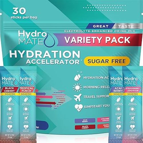 HydroMATE Electrolytes Powder No Sugar Variety Pack - 30 Instant Hydration Packets with Vitamin C to Boost Energy - Sugar Free Electrolytes to Support Hydration on Keto Diet & Party Favors