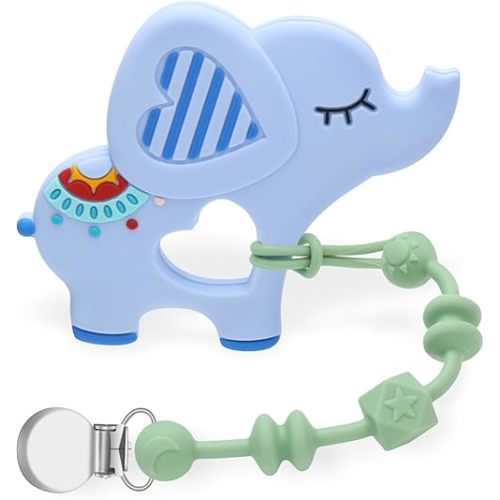 Baby Teething Toys for Babies 0-24 Months, Elephant Teether Pain Relief Toy with One Piece Design Pacifier Clip Holder Set, Freezer Safe Neutral Shower Gift for Boys and Girls (Blue)