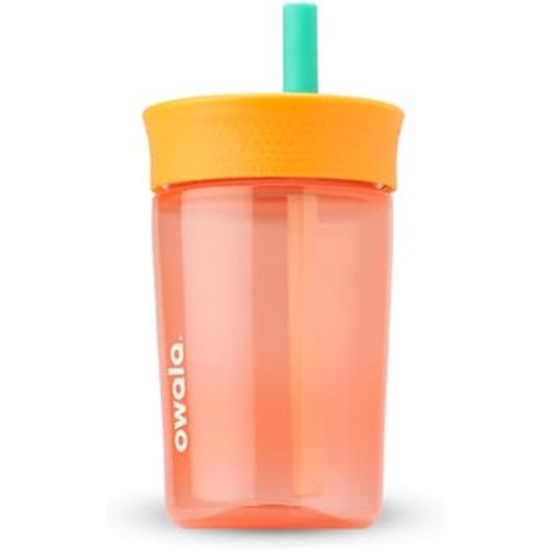 Owala Kids Insulation BPA-Free Plastic Tumbler with Spill Resistant Flexible Straw, Easy to Clean, Kids Water Bottle, Great for Travel, Dishwasher Safe, 15 Oz, Orange and Peach (Watermelon)