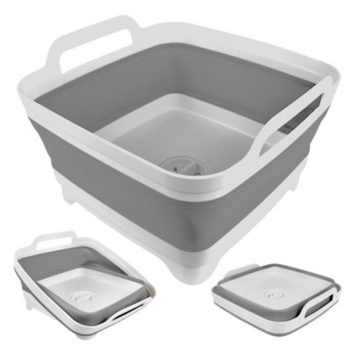 A Collapsible Wash Basin for Baby Bottles with Drain Plug, 2.4 Gallons Space-Saving Camping Sink for RV, Collapsible Dish Tub (Gray)