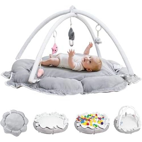 5-in-1 Baby Play Gym and Tummy Time Mat - Thick & Plush Baby Play Mat with 6 Sensory Toys, Convertible Activity Center for Newborn to Toddler, Ball Pit (No Balls Included) & Pet Cushion - Grey