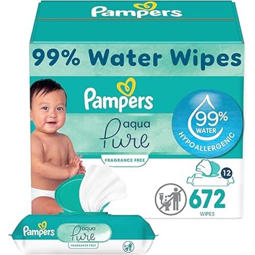 Pampers Baby Wipes Aqua Pure, 99% water-based wipes, Hypoallergenic and Unscented Baby Wipes, 672 Wipes Total (12 Flip-Top Packs)